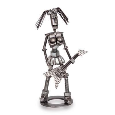 Girl with a Guitar,'Rustic Recycled Metal Sculpture of Woman Playing the Guitar'