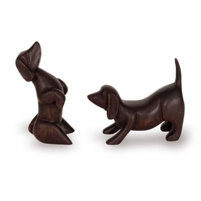 'Hand-Carved 2-Piece Cedarwood Figurine Set of Playful Dogs'