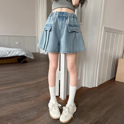 Shorts en jean plissés taille haute pour filles, collection été 2026, coupe décontractée évasée pour enfants (tailles moyennes à grandes)
