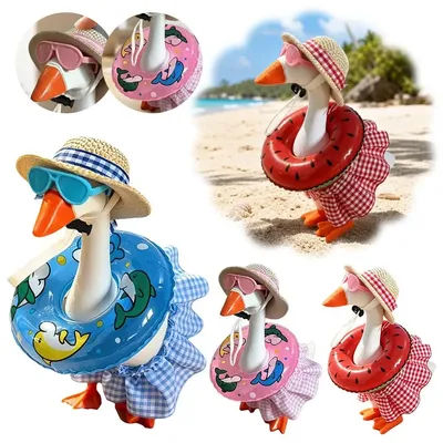 7 Inch Hawaiian Porch Goose Outfits with Straw Hat Sunglasses & Swim Ring Mini Desktop Goose Clothes Hawaiian Desk Goose Outfits