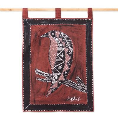 'Bird-Themed Cotton Batik Wall Hanging in Red and Black Hues'