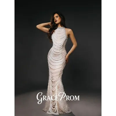 GraceProm – robe de soirée élégante, haineux en ivoire, avec chaîne perlée, tapis, mode, ligne a, longueur au sol, robe de soirée, 2026