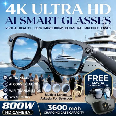 Première mondiale 2026 Lunettes intelligentes IA 4K HD Caméra 800W pixels Photos et vidéos Batterie 3600mAh Plus de 120 traductions Lunettes de soleil musicales 32 Go