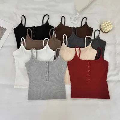 Sans manches maigre gilet couverture en coton couleur unie maillot de corps soutien-gorge avec coussinets Camisole chemises à bascule bretelles femmes débardeur