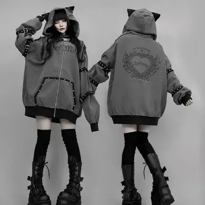Harajuku gothique foncé automne hiver à capuche oreilles de chat mignonnes sous-culture Cardigan à fermeture éclair pull manteau femmes rétro Y2k veste décontractée