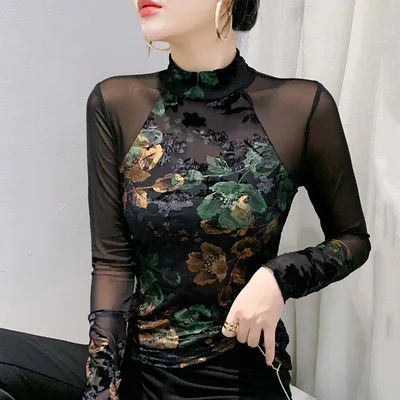 Nouveau printemps automne à manches longues col haut maille hauts élégant mince Patchwork imprimé Vintage femmes T-Shirt M-4XL t-shirts vêtements