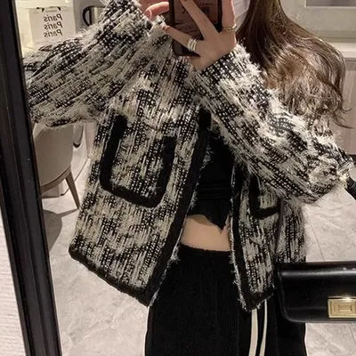 Manteau pied-de-poule rétro français noir, petit manteau parfumé pour femmes, veste chic de tempérament de haute qualité, haut cardigan, printemps et automne
