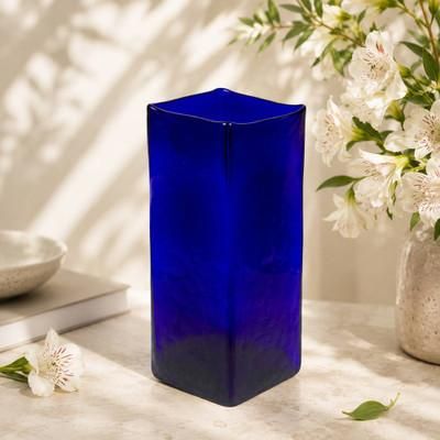 'Avant-Garde Large-Sized Deep Blue Square Vase Blown By Hand'