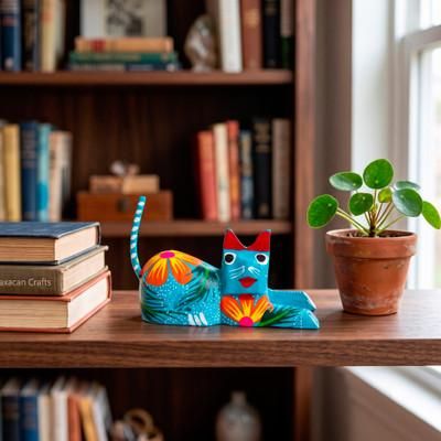 Feline Fable,'Resting Cat Wood Alebrije Figurine with Botanical Motifs'