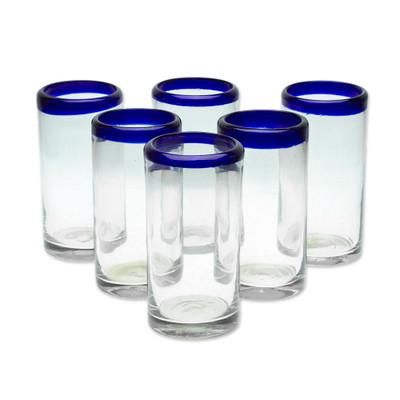 Refreshing Jalisco,'Set of 6 Handblown Blue Rim Tumbler Glasses from Mexico'