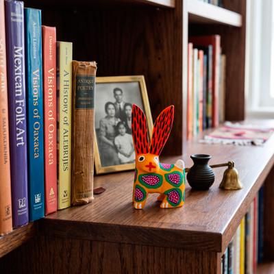 Heavenly Hare,'Colorful Hare Wood Alebrije Figurine with Streaks and Dots'