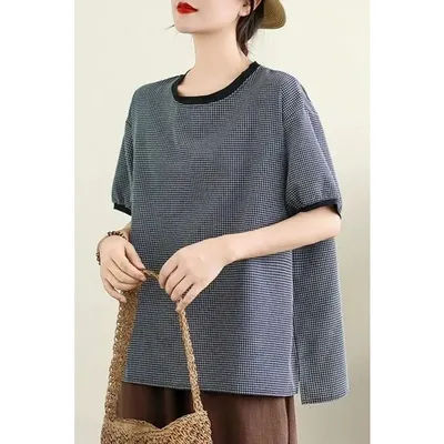 T-shirt en coton et soie à carreaux pour femmes, col contrasté, manches courtes, coupe ample, décontracté, haut d'été