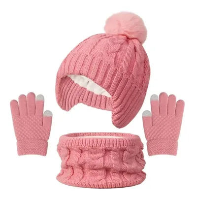 Ensemble de chapeaux et gants pour bébé, couleur unie, écharpe, pompon mignon, oreilles chaudes, chapeaux tricotés épais, garde au chaud, ensemble de chapeaux pour enfants