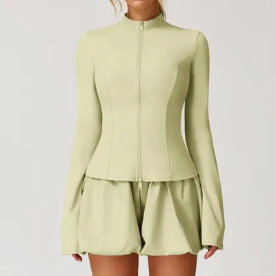 Veste à fermeture éclair pour femmes, T-shirts de Yoga, haut de Sport solide, chemises de course à manches longues, Sexy, séchage rapide, hauts courts de Fitness, vêtements de Sport