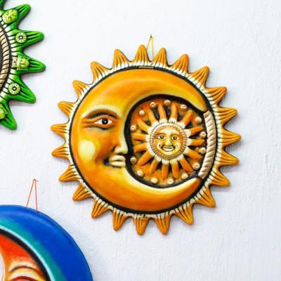 'Hand-Painted Sun and Moon-Themed Yellow Ceramic Wall Art'