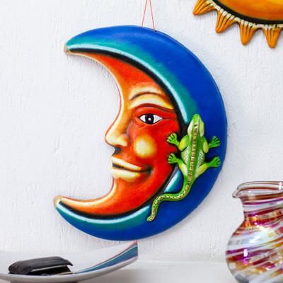 'Moon and Iguana-Themed Orange and Blue Ceramic Wall Art'