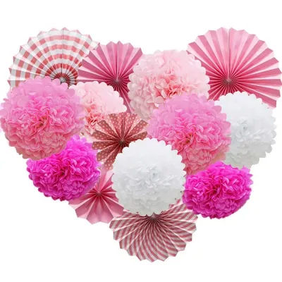 Wedding Valentine Party Favor Gold Pink Set DIY Hanging Paper Tassel Folding Fan Tissue Pompom White Baby Girl Boy Baptism Decor