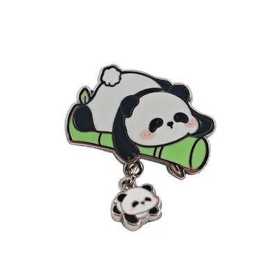 Cute Panda Enamel Pins with Dangle Baby Panda Funny Bamboo Brooches Kawaii Animal Metal Badge Backpack Lapel Pin Jewelry Gift
