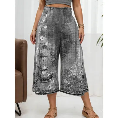 Pantalon Capri Vintage à Taille Haute et Jambes Larges pour Femmes Grande Taille, Motif Floral, Smocked