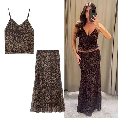 Ensemble 2 pièces jupe longue taille mi-haute et haut court en tulle imprimé pour femme - Tenue d'été féminine