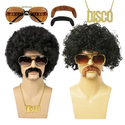Halloween Disco Synthetic Wig Set Black Curly Afro Hair With Retro Sunglasses Fake Beard And Pendant Necklace 70s 80s Rock Punk