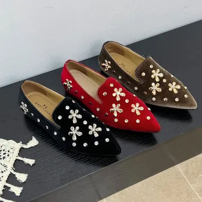 Nouvelles chaussures de luxe noires à pointes, mocassins décontractés en jean et sequins métalliques de haute qualité pour femmes, chaussures plates