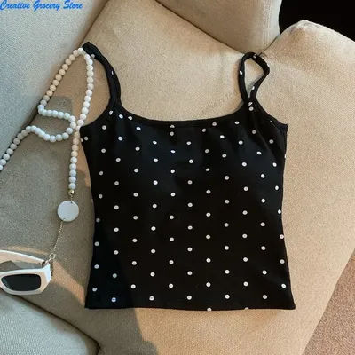 Camisole à pois pour femme avec bonnets intégrés – Haut dos nu en U profond, débardeur sans couture anti-exposition pour superposition