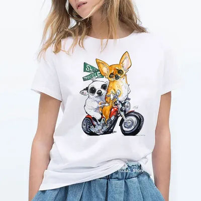 T-shirt femme blanc vintage, humoristique et esthétique, Chihuahua, équitation, moto, imprimé, amoureux des chiens, haut d'été