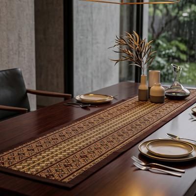 Sparkling Geometry,'Geometric Handwoven Brown Cotton and Silk Table Runner'