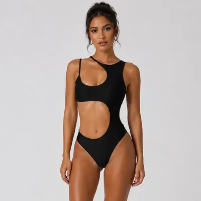 Body Y2K pour femme noir asymétrique à une épaule découpée, coupe ajustée sans manches, coupe haute, une pièce
