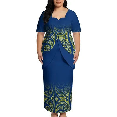 Vêtements Spécialisés Impression 3D Haute Définition Ensemble Jupe à Double Volants et Franges à Motifs de Pétales de Fleurs Puletasi de Haute Qualité Polynésien