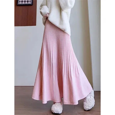 Jupe longue maxi plissée élastique taille haute en tricot uni pour femme, nouvelle collection hiver automne 2024