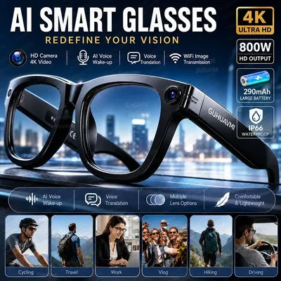 Nouvelles lunettes caméra IA 2026, caméra HD 800W, enregistrement vidéo 1080P, lunettes de traduction intelligentes, lunettes de soleil audio Bluetooth étanches