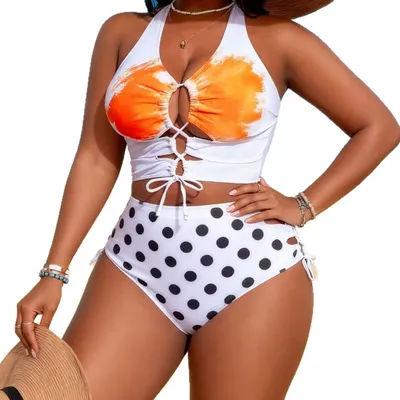 Ensemble bikini grande taille pour femme, haut court tie-dye à dos nu et découpes, bas de maillot deux pièces à pois taille haute avec cordon de serrage latéral
