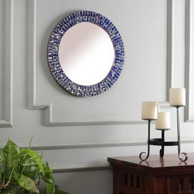Midnight Reflections,'Blue and Silver Round Handcrafted Glass Mosaic Wall Mirror'