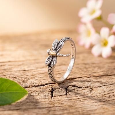 Baby Wings,'18k Gold-Accented Cocktail Ring with Folk Art Dragonfly'