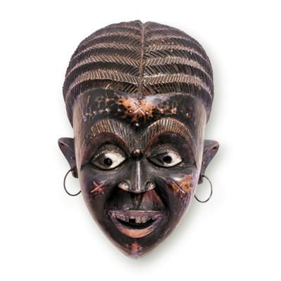 Asante Woman,'Rustic African Wood Mask of an Asante Woman from Ghana'