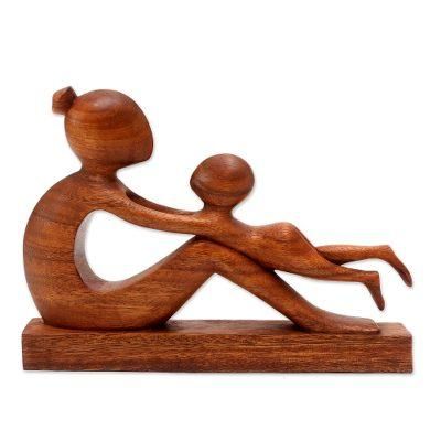 'Hand-Carved Suar Wood Mother and Child Sculpture from Bali'