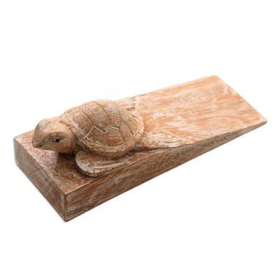 Distressed Baby Turtle,'Distressed Baby Turtle Suar Wood Door Stopper from Bali'