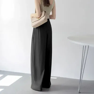 Pantalon large taille haute pour femme - Pantalon long décontracté fluide effet satiné