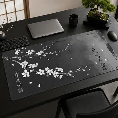 Tapis de souris Gamer noir et blanc, impression à l'encre de fleurs de cerisier, sur demande, nouveau tapis de souris pour ordinateur domestique, tapis de bureau XXL en caoutchouc naturel