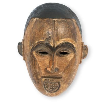 'Ghanaian-Made Sese Wood and Ceramic Wall Mask in Earthy Hues'