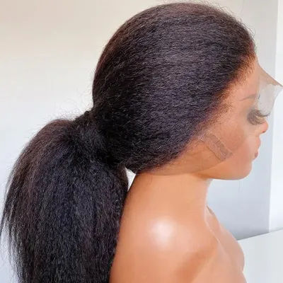 Soft Yaki Natural Black Long Glueless 24Inch Kinky Straight Lace Front Wig For Women With Baby Hair Synthetic Preplucked Daily