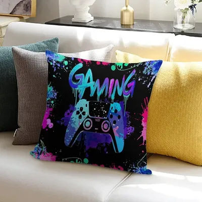 Pop Art Gaming Throw Pillow Cushion 18x18 Inch Video Game Controller Splatter Neon Decor Gift for Gamer