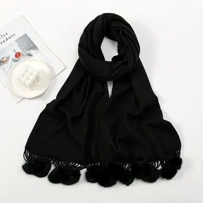Fashion Winter Thick Blanket Cashmere Shawl Scarf with Rabbit Fur Pom Pom Tassel Warm Pashmina Poncho Echarpe Foulards 190*70Cm