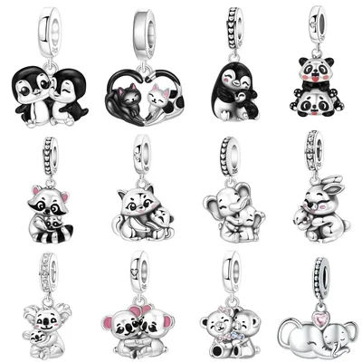MISEFF S925 Sterling Silver Charm Cute Animal Mother and Baby Hug Pendant For Original Bracelet DIY Jewelry Making Women Gift﻿