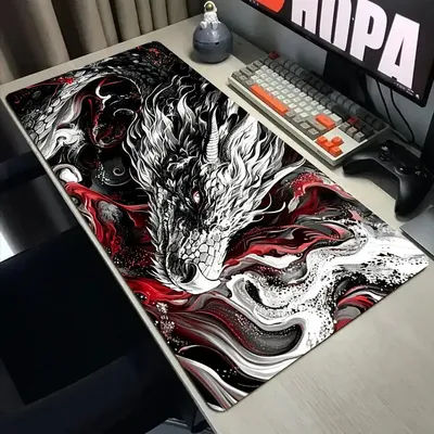 Tapis de Souris XXL Motif Dragon Géant Mystérieux avec Bordure Cousue, Tapis de Bureau Antidérapant en Caoutchouc pour Gamer, Tapis de Clavier et de Jeu