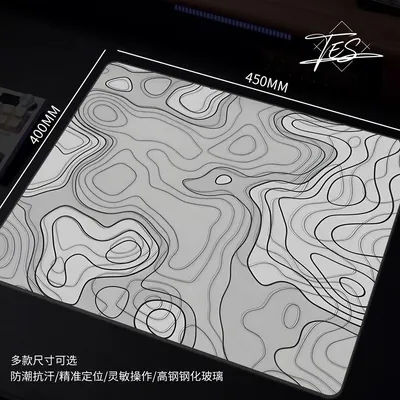 Tapis de souris de jeu en verre avec carte topographique noir et blanc, surface lisse givrée, tapis de bureau en verre trempé, tapis de souris amélioré pour FPS, bureau et esports