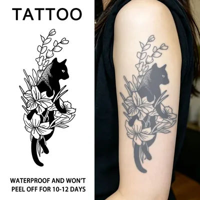 Autocollants de tatouage temporaire à base de plantes Cat and Flower, imperméables et durables pendant une à deux semaines, adaptés aux femmes, au bras et à la jambe