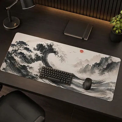 Tapis de souris à vagues d'encre noir et blanc, grand tapis de souris XL pour la maison, tapis de souris XXL antidérapant pour bureau et ordinateur